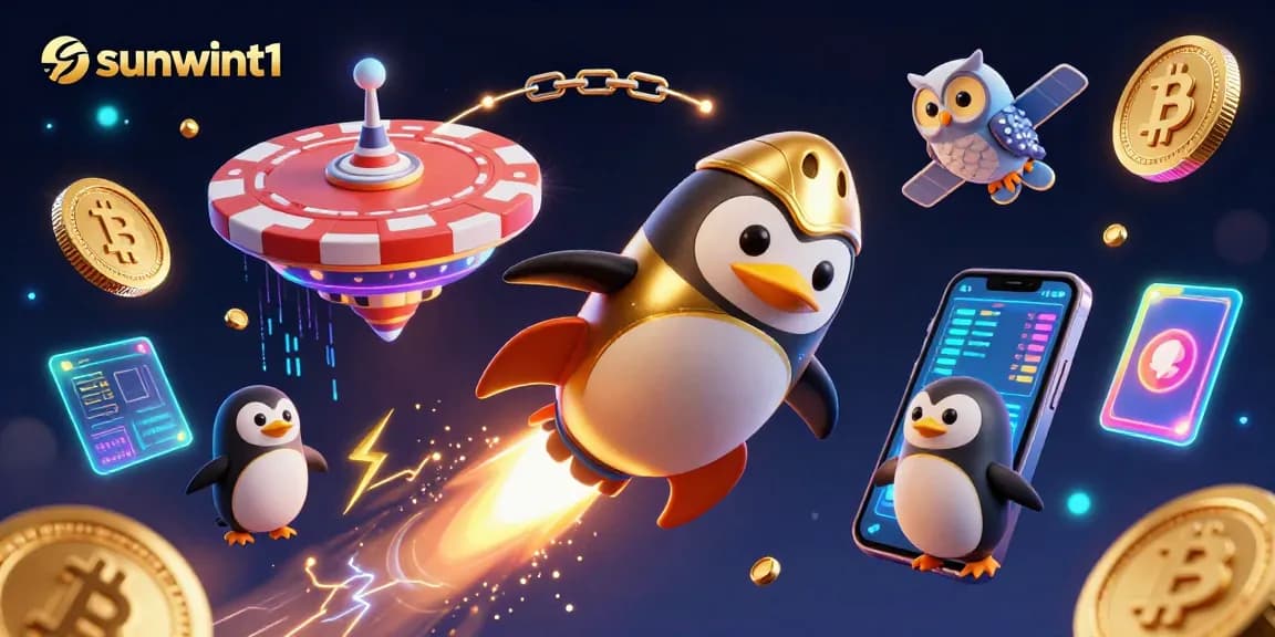 sunwint1 propels a golden penguin through space towards a casino chip station amidst glowing cryptocurrencies.