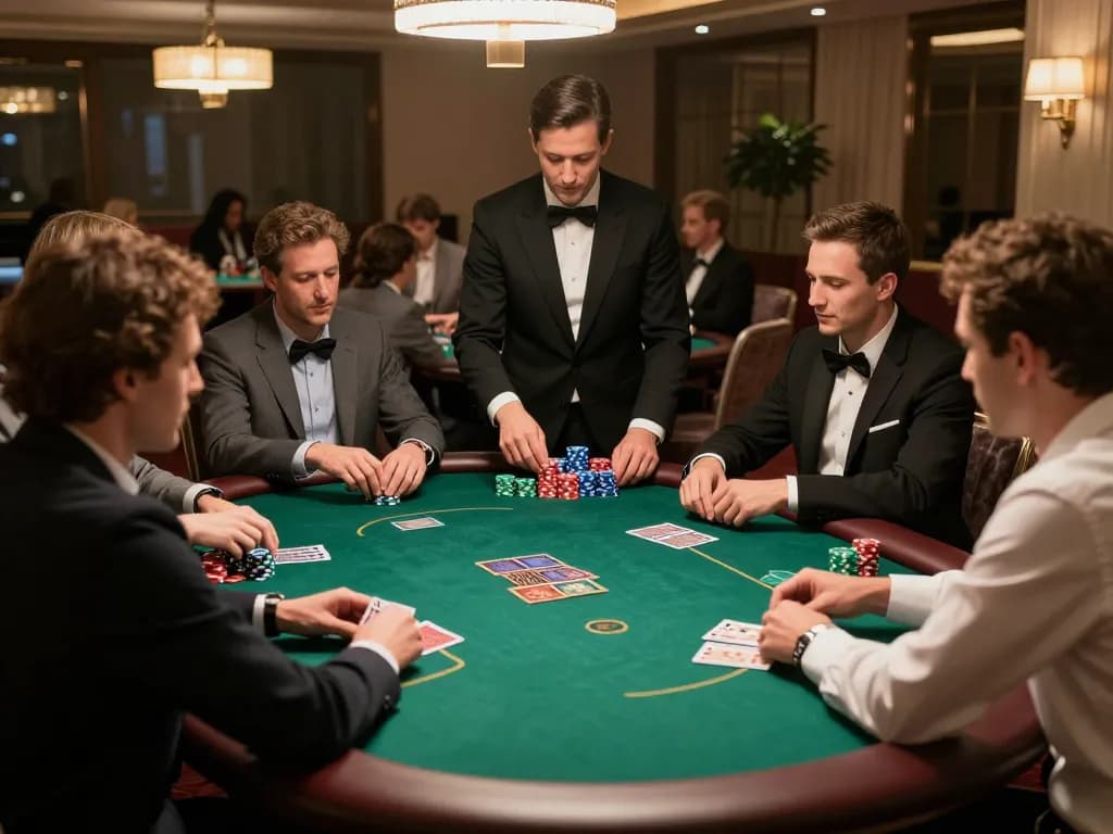 Thabet poker game in elegant casino setting, showcasing players and dealer in high-stakes action.