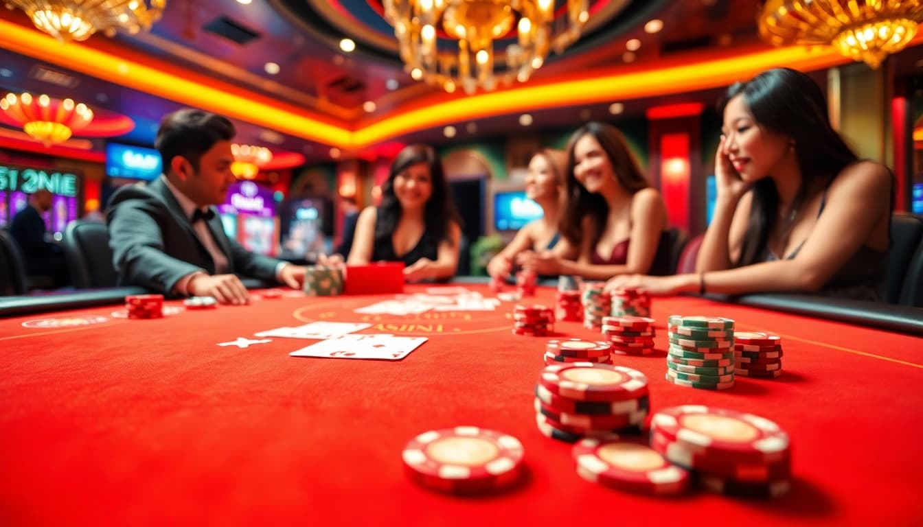 Kenangan4d dalam suasana kasino yang memukau dengan dealer dan pemain, kartu dan chip berkilau.