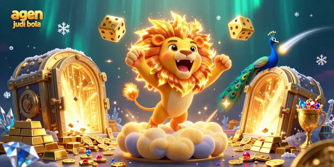 Engage with agen judi bola through a dynamic scene featuring a roaring lion and golden treasures.