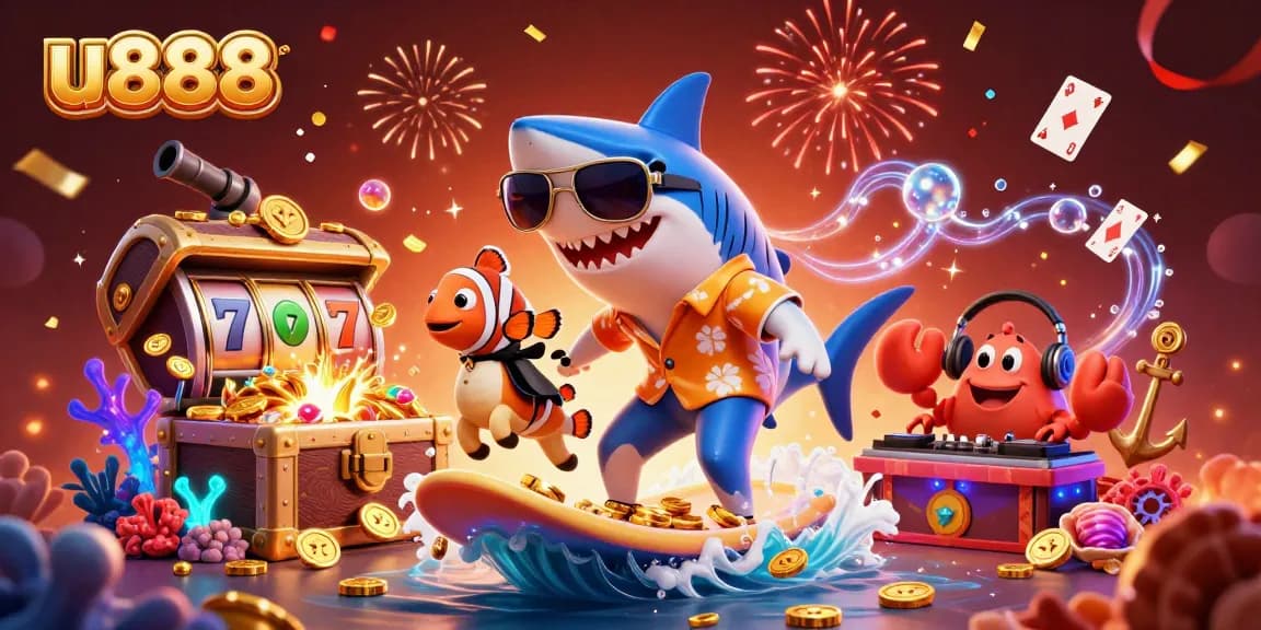 Surfing on gold coins as u888 characters bring excitement to casino gaming action.