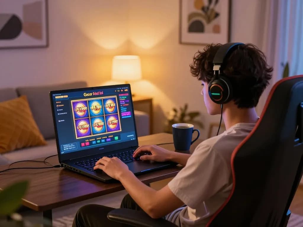 Engaging in strategic gameplay with slot gacor hari ini interface displayed on laptop in cozy home setting.