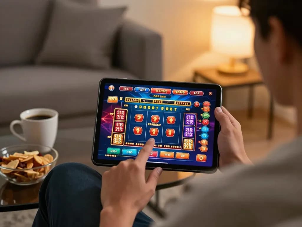 Berinteraksi dengan antarmuka permainan server thailand di tablet dalam suasana rumah yang nyaman