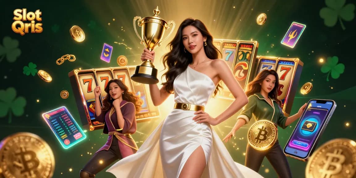 Engaging Slot Qris scene showcasing a confident Asian woman with a trophy, representing the excitement of casino gaming.