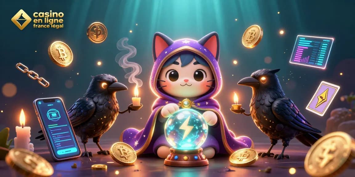 Participez à un casino en ligne France légal avec une illustration 3D vibrante de personnages mystiques et d'éléments crypto.