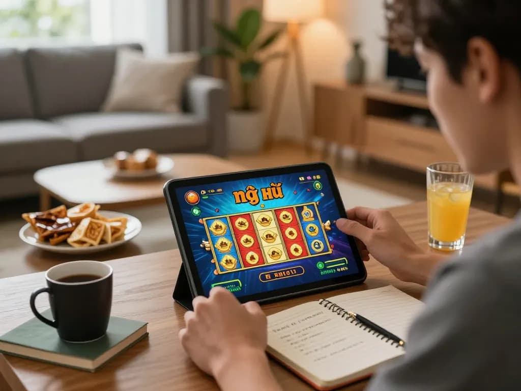 Nổ hũ đổi thưởng gameplay on a tablet in a cozy home environment with strategic planning materials.