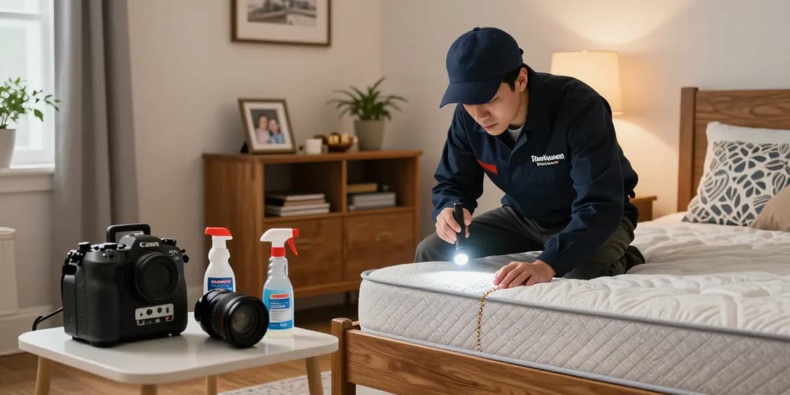 Professional conducting bed bug removal inspection in cozy Milwaukee bedroom, showcasing effective pest control solutions.
