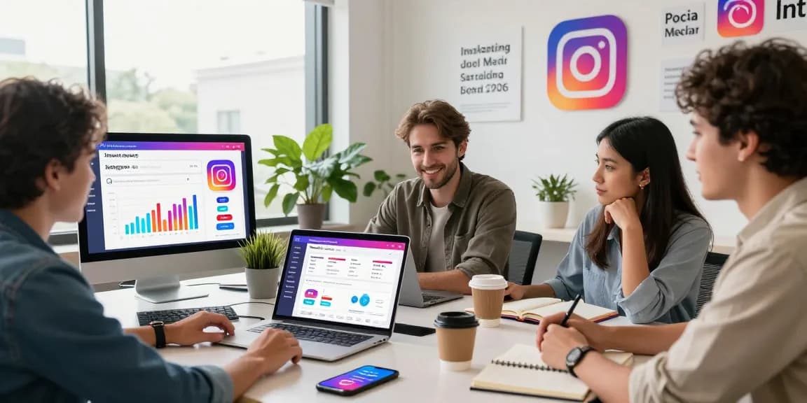 Digital marketing consultant analyzing how to buy real Instagram followers in a modern office setting with vibrant visuals.