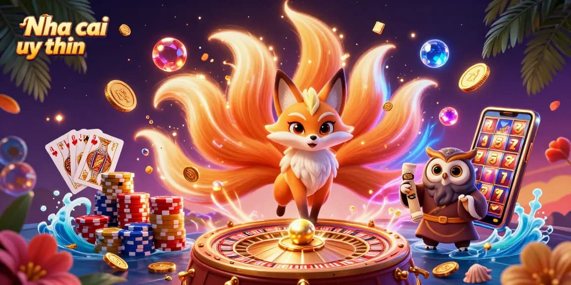 Nha cai uy tin features a colorful fox spirit and wise owl amidst sparkling casino treasures.