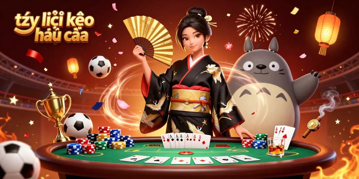 Bet on tỷ lệ kèo nhà cái with an Asian woman in kimono and a wise tanuki in a rich casino setting.