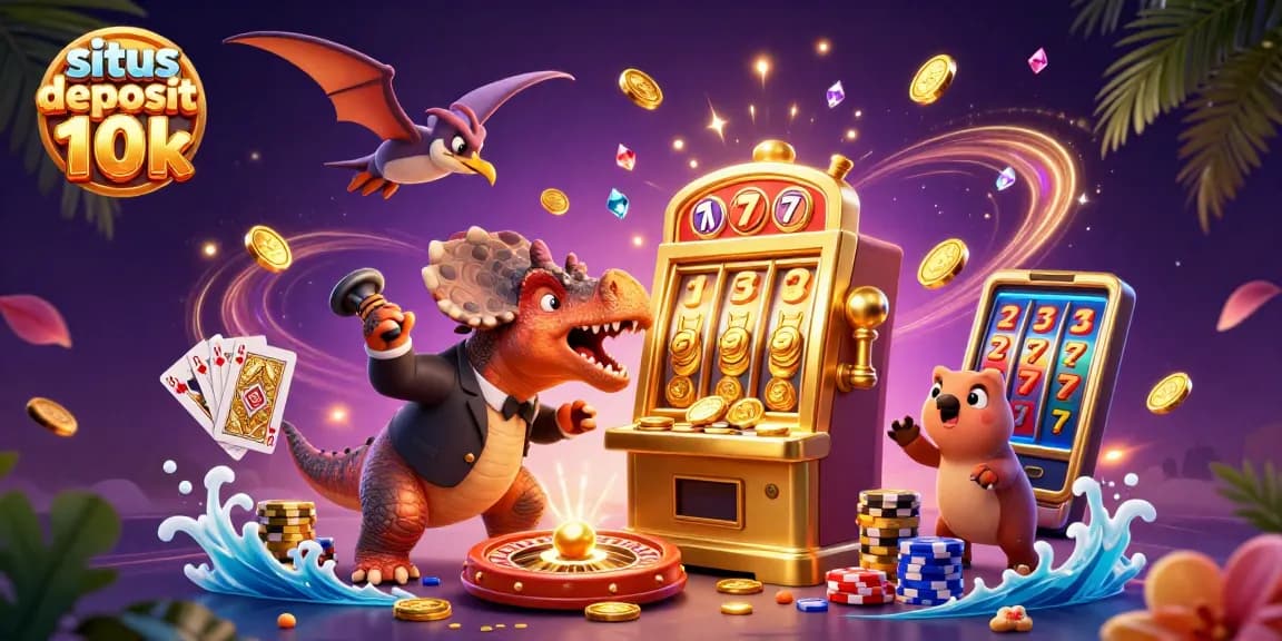 Experience the excitement of situs deposit 10k with a thrilling scene of a pachycephalosaurus winning at a slot machine.