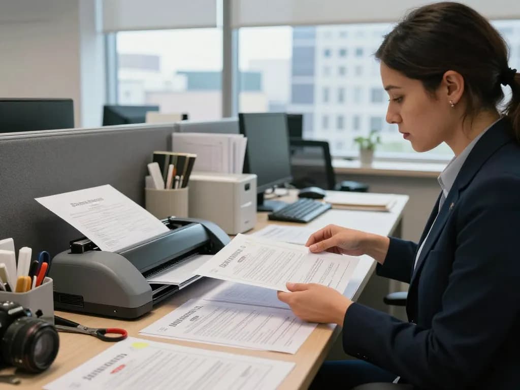 bóc giấy khai sinh ép plastic in a professional office setting, woman organizing documents with a laminator and certificates.