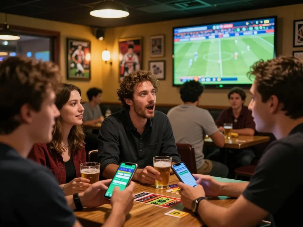 Excited bettors using keonhacaii88 app to place wagers during a live football game at a bustling sports bar