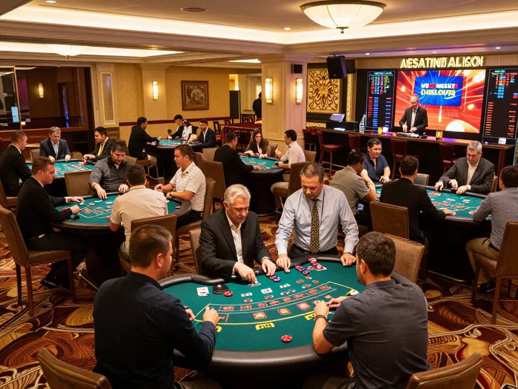 LUCK8 players engaging in strategic blackjack gameplay at a luxurious casino.