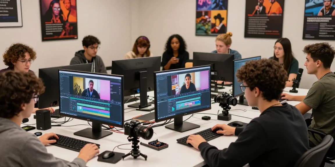 Students engaged in a video processing course online learning about editing and production.