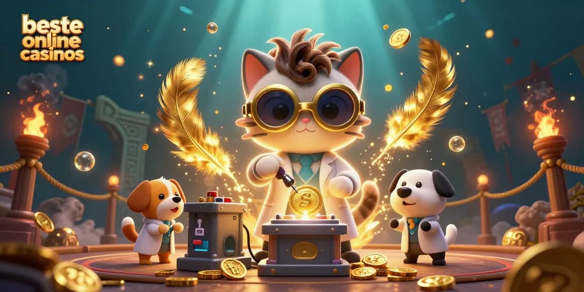 Enjoy exciting experiences at beste online casinos with a mad scientist and his loyal dog creating a gold-coin machine.
