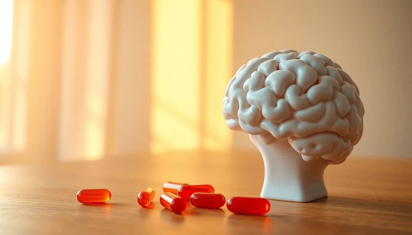 Enhance cognitive health with astaxanthin capsules beside a brain model.