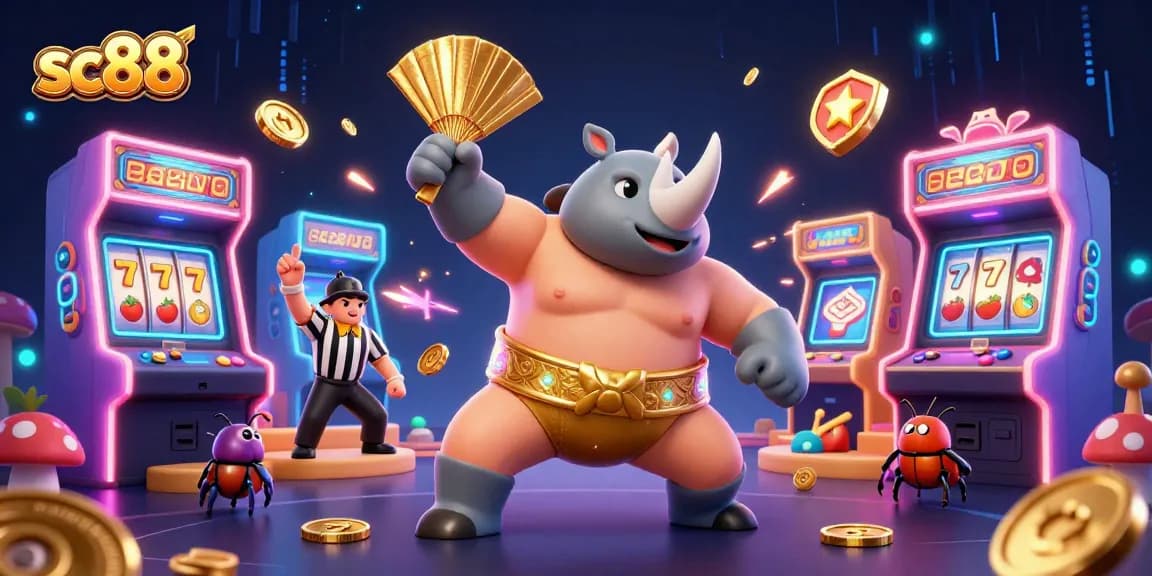 Experience unique gaming excitement with sc88 as a sumo beetle champion stomps golden coins in a busy arcade.