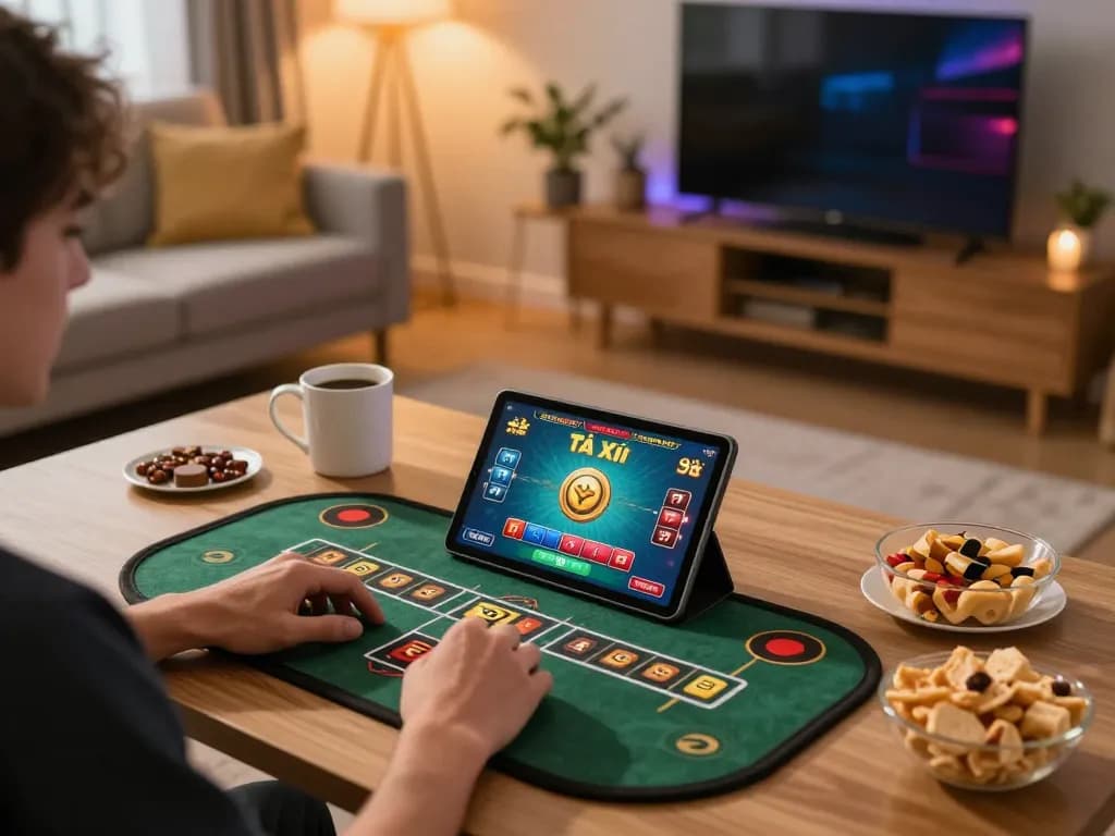 Tai Xiu Online gameplay at home, featuring a player using a tablet for real-time betting on taixiuonline8