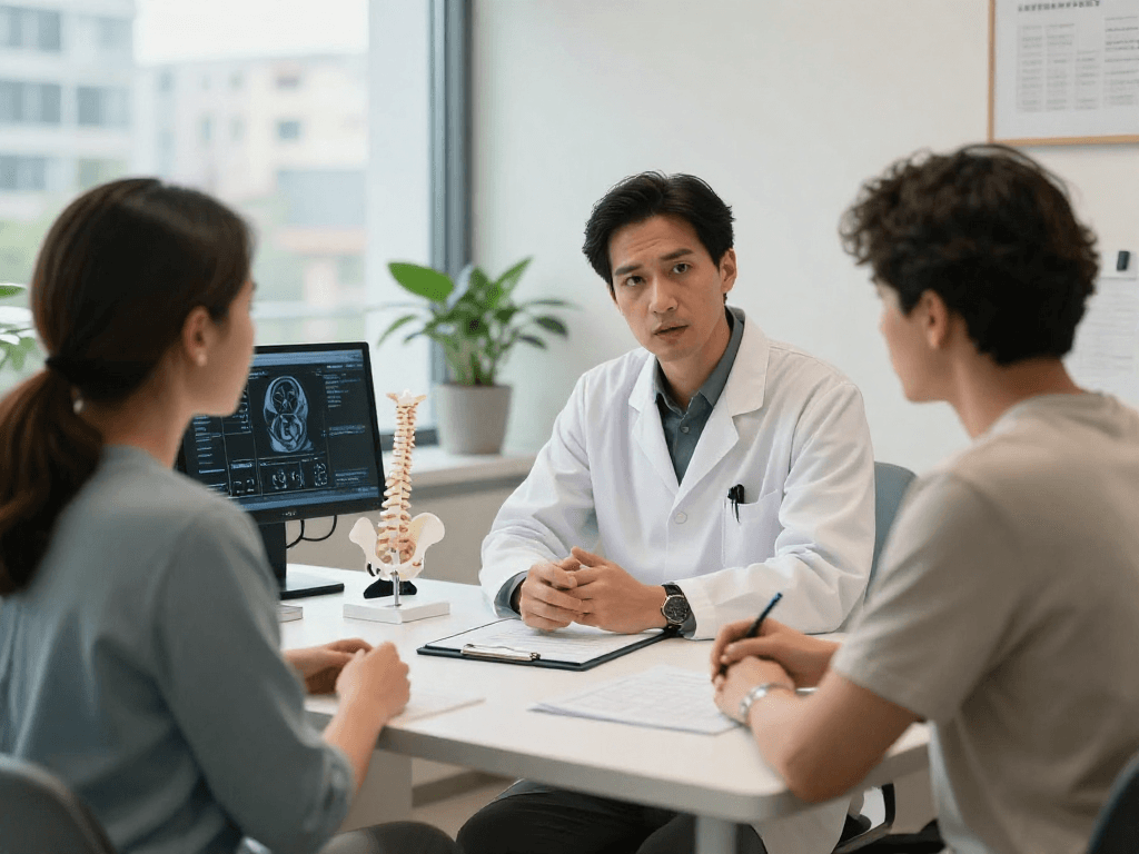 Doctor explaining bel kayması ameliyatı treatment options to a patient in a modern medical office.