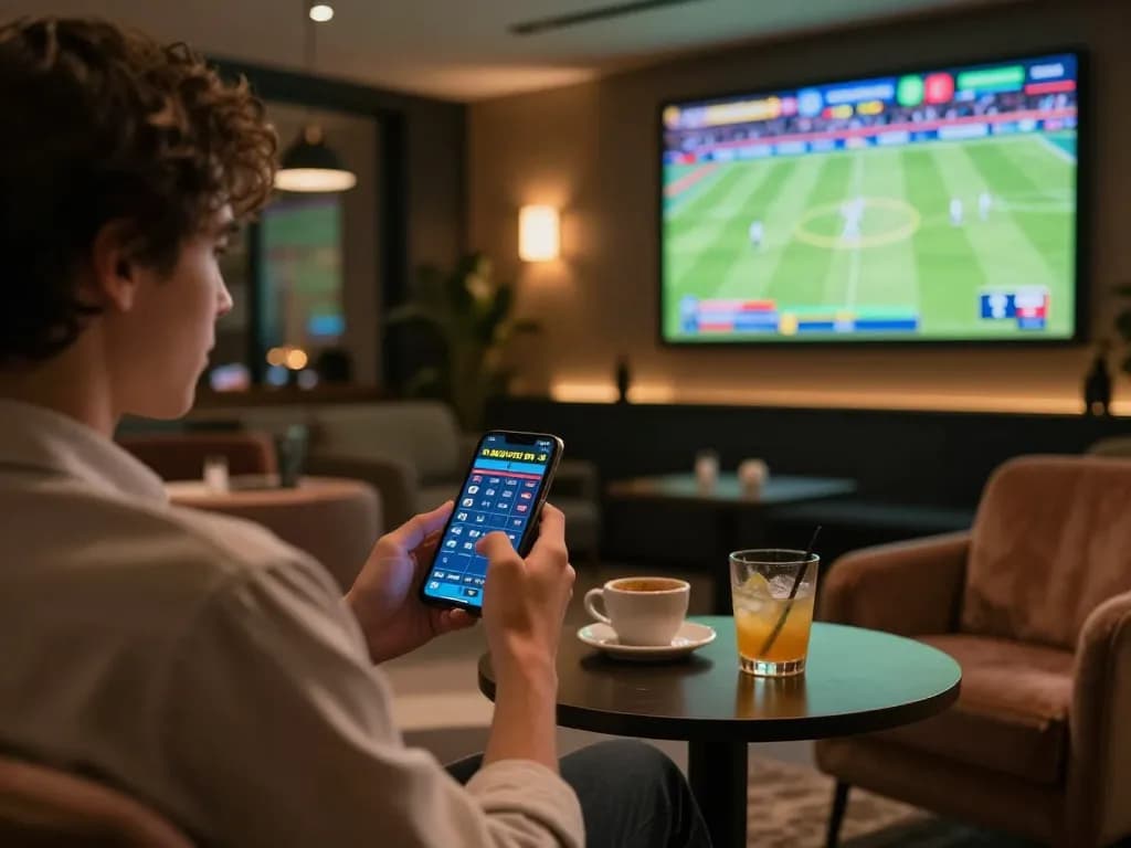 v9bet user enjoying live sports betting with smartphone in a stylish lounge.