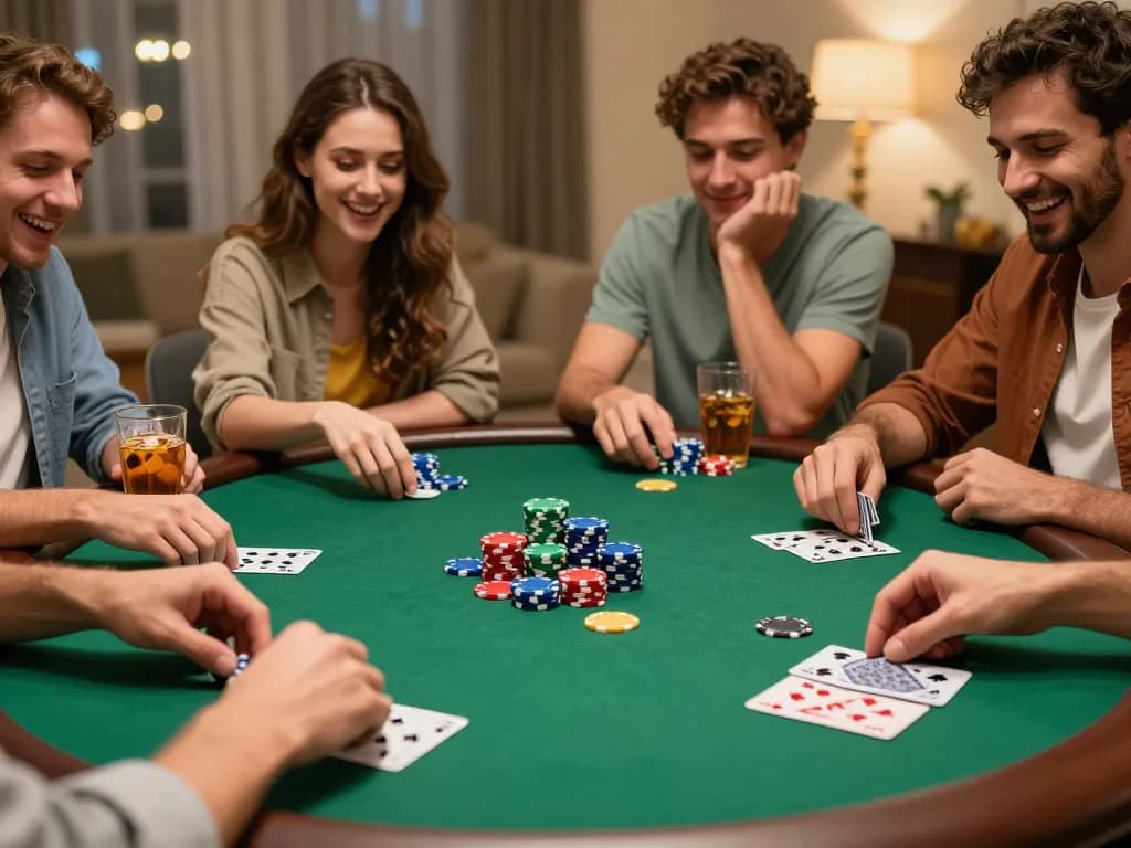Engaged players at a home poker night with chips and cards showcasing agen toto terpercaya.