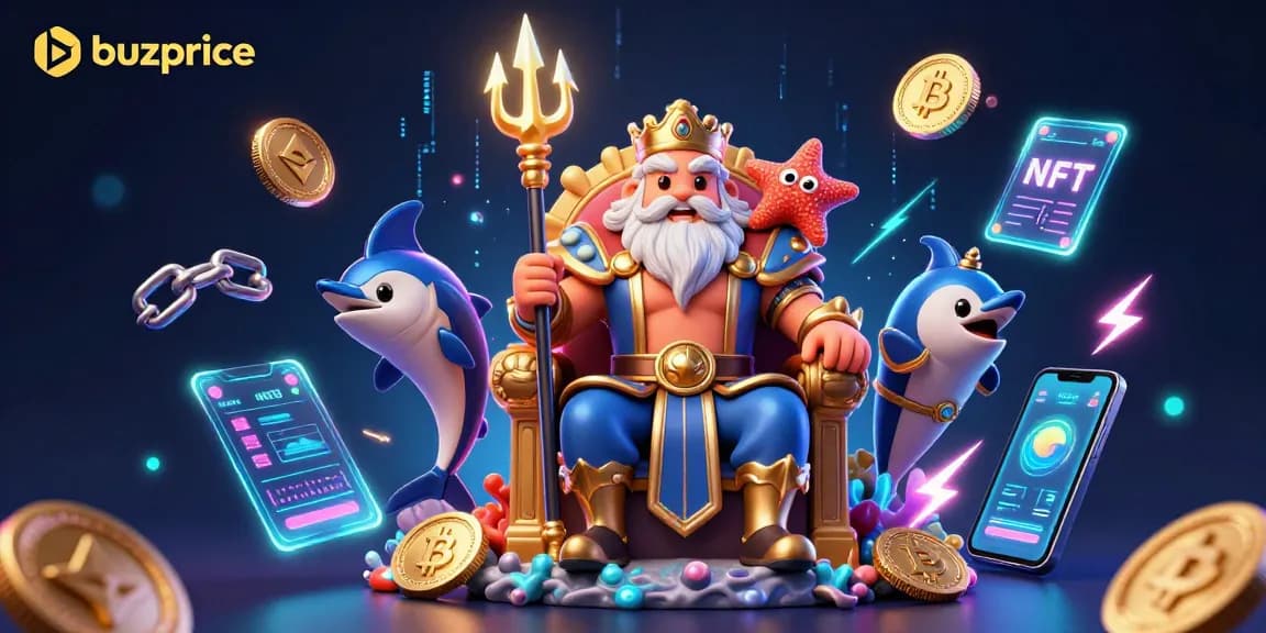 Engage in thrilling gambling with buzprice, featuring a vibrant 3D illustration of Neptune amidst crypto coins and gaming action.