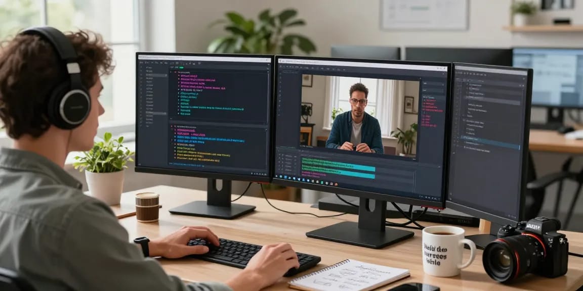 Person engaging with prompt ai in a modern office, showcasing video analysis and creativity.