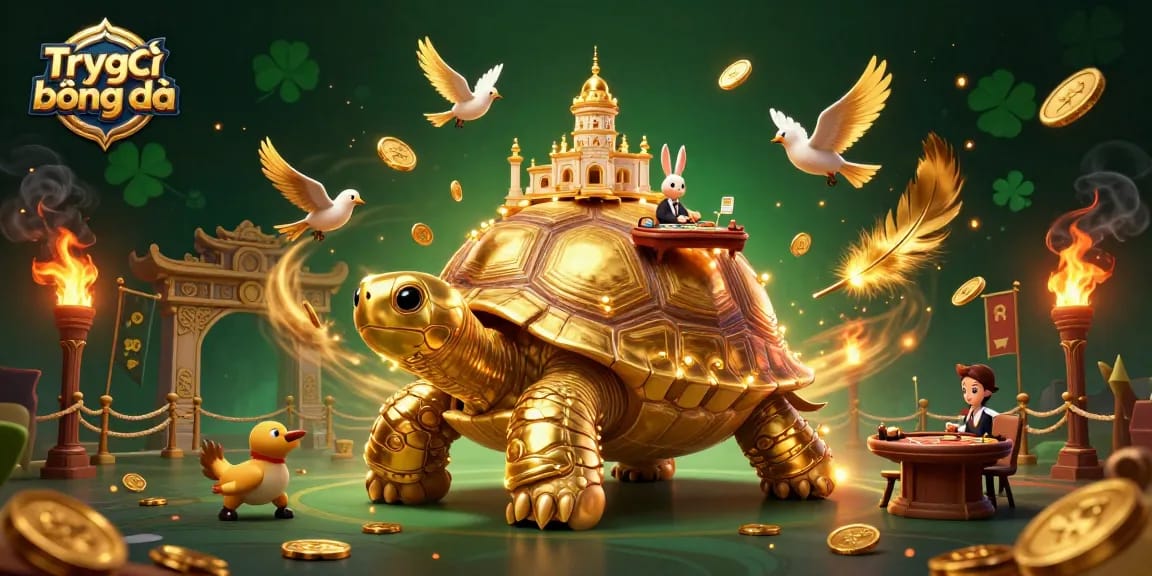 Engage in Trực tiếp bóng đá with a lively 3D scene featuring a golden tortoise casino, rabbit dealer, and flying coins.