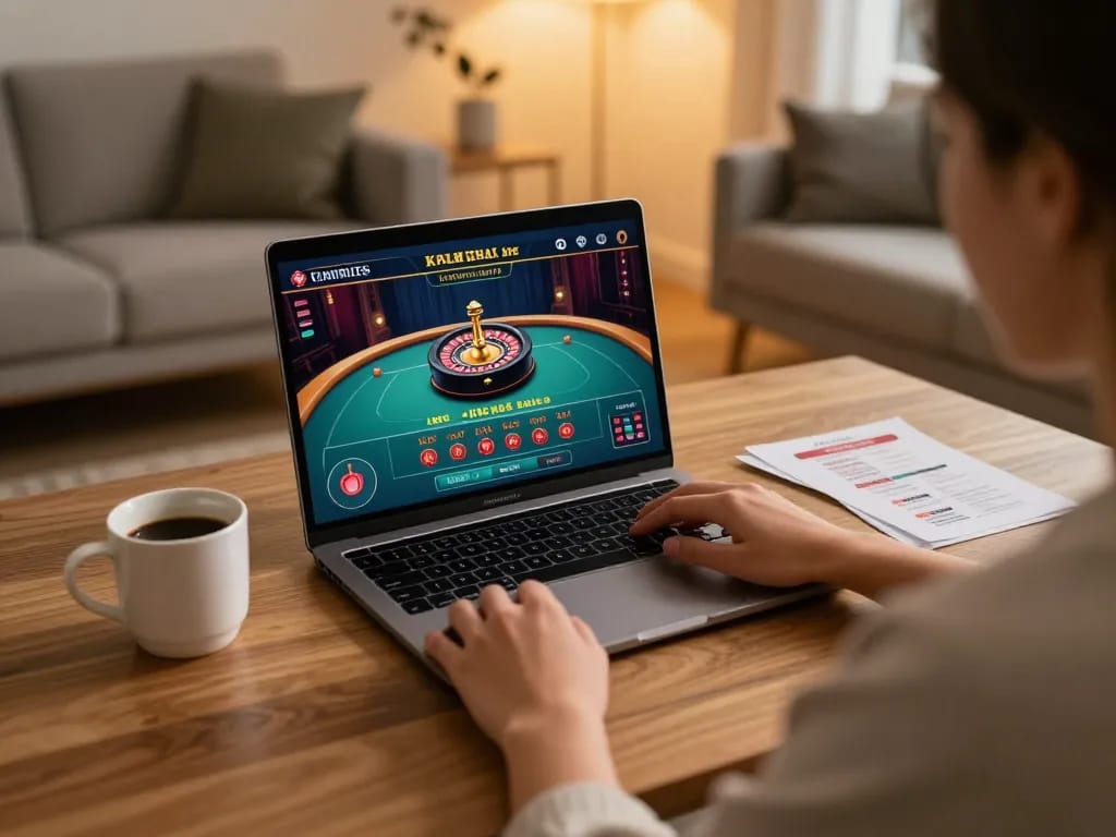 TT88 online gaming session at home with live dealer roulette on laptop, showcasing strategic gameplay