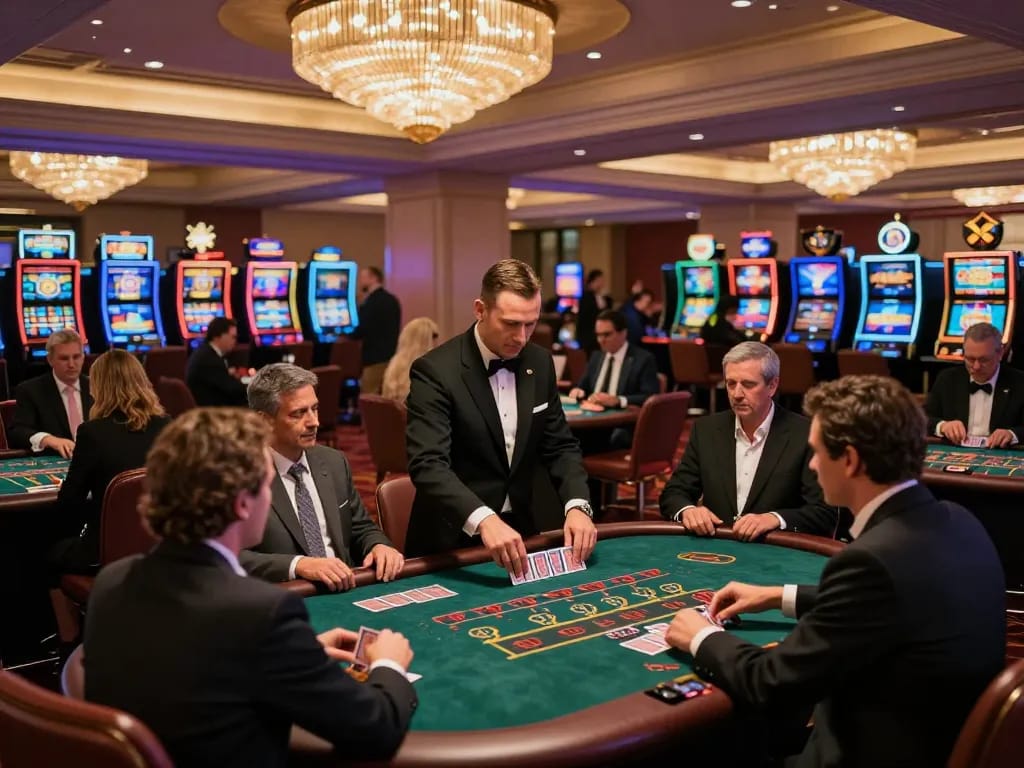 Players enjoying blackjack at a lavish casino with fabet strategy in action, dealers managing the game.