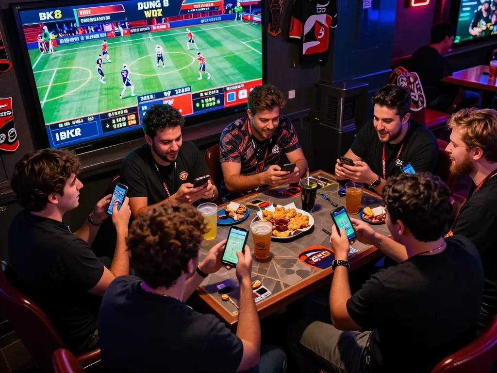 Engaged sports betting enthusiasts placing wagers on BK8 platform during high-energy event.