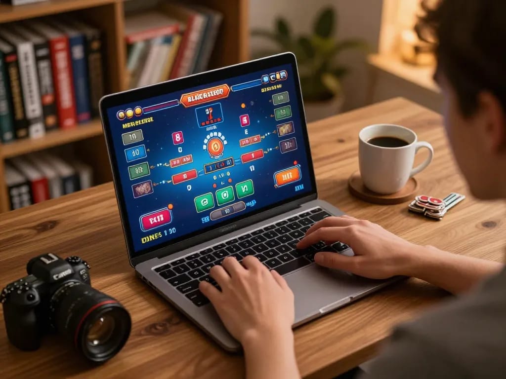 Engaging in online blackjack at sc88 casino with warm home office ambiance and strategy notes.