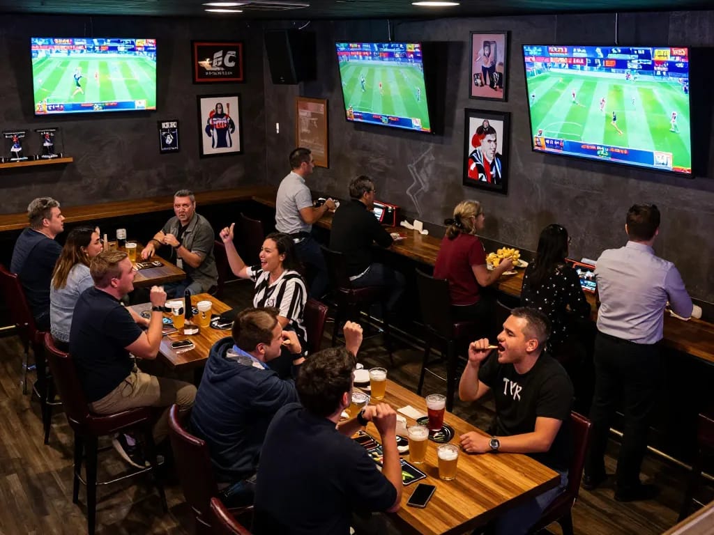 O8 gamblers placing bets enthusiastically at a busy sports bar during live game screening