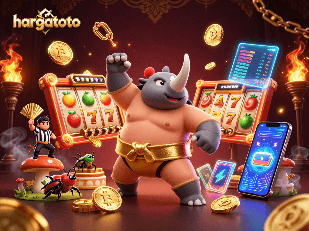 Experience the thrill at HARGATOTO with a dynamic scene showcasing a beetle sumo champion amidst slot reels and vibrant crypto elements.