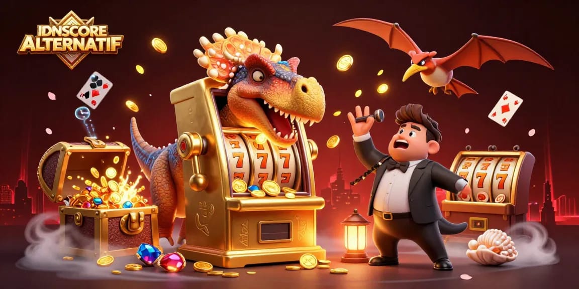 Experience the excitement of IDNSCORE ALTERNATIF as a pachycephalosaurus wins jackpots amidst vibrant casino elements.