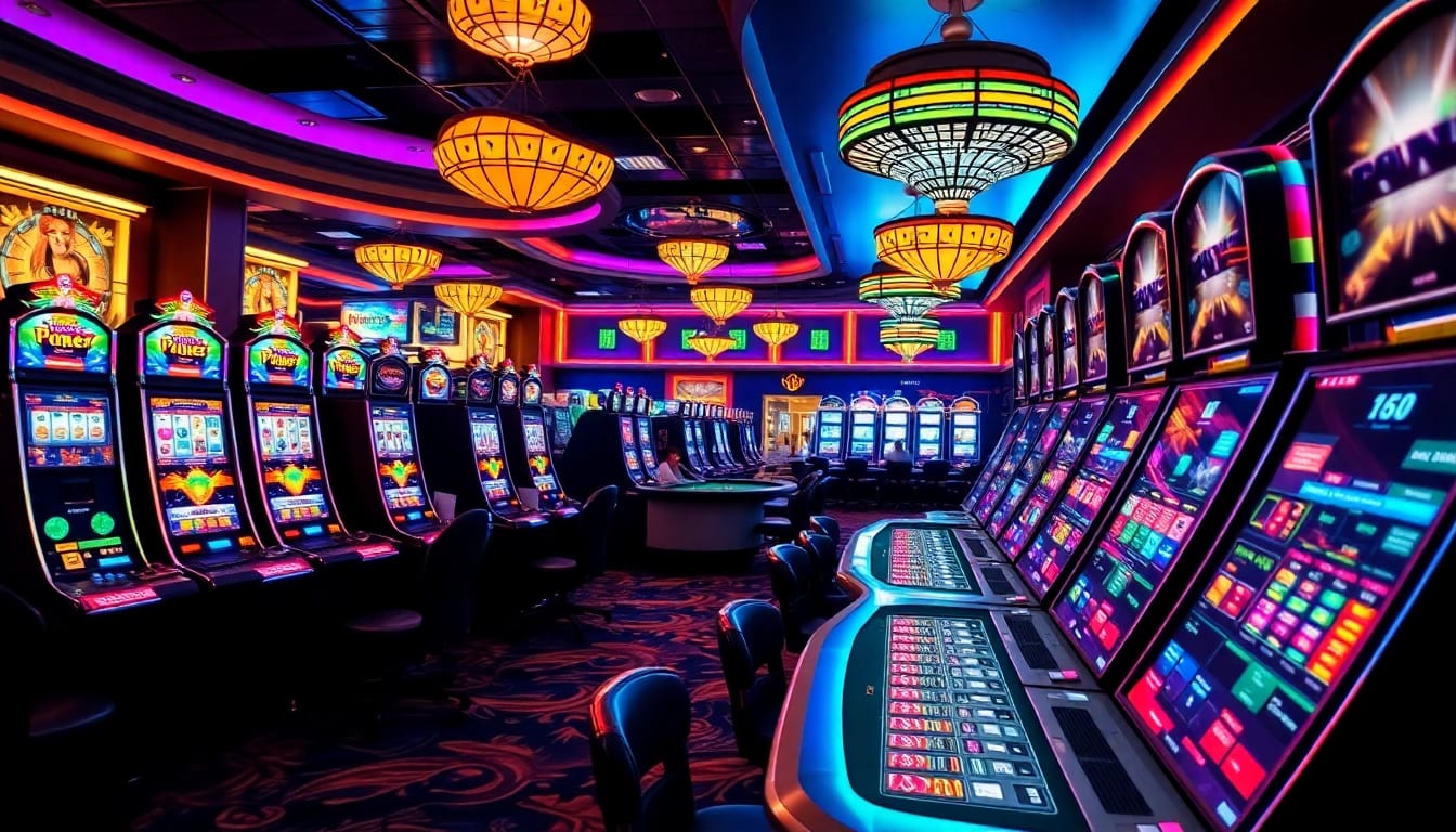 Engaging scene featuring Vegas hero in a bustling casino with vibrant slot machines.