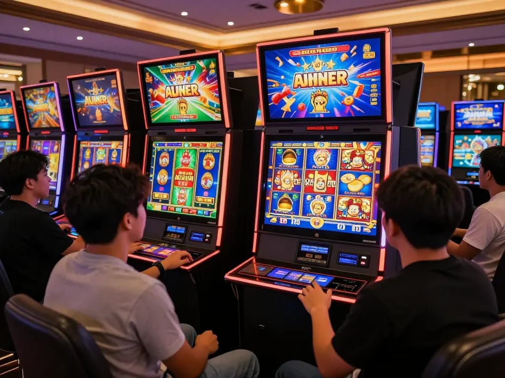 Players enjoying thrilling gameplay at situs slot gacor online casino, engaged with colorful slot machines.