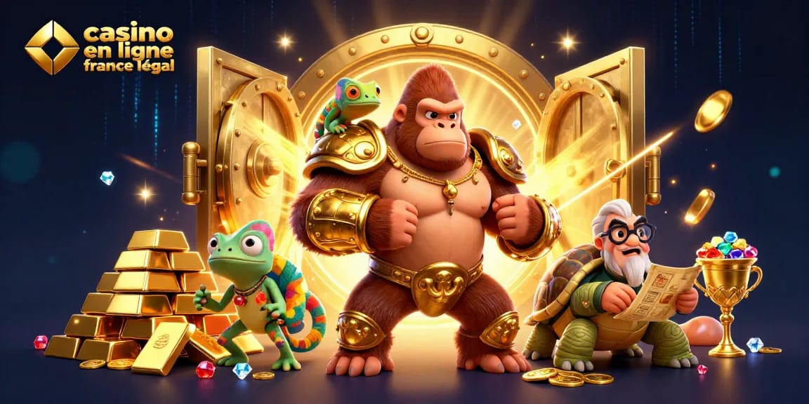 Gagnez gros au casino en ligne France légal avec une scène colorée mettant en scène un roi gorille, un caméléon et une tortue dans un cadre rempli de trésors.