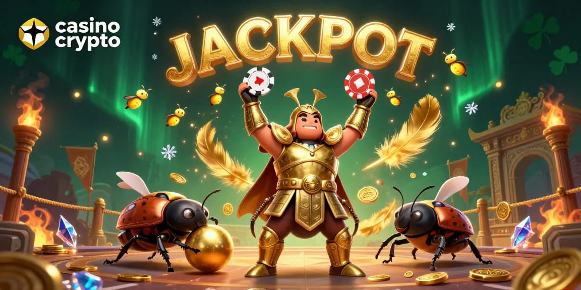 Pour jouer sur un casino crypto, un scarabée en armure soulève un jeton avec des flammes et des feux d'artifice autour.