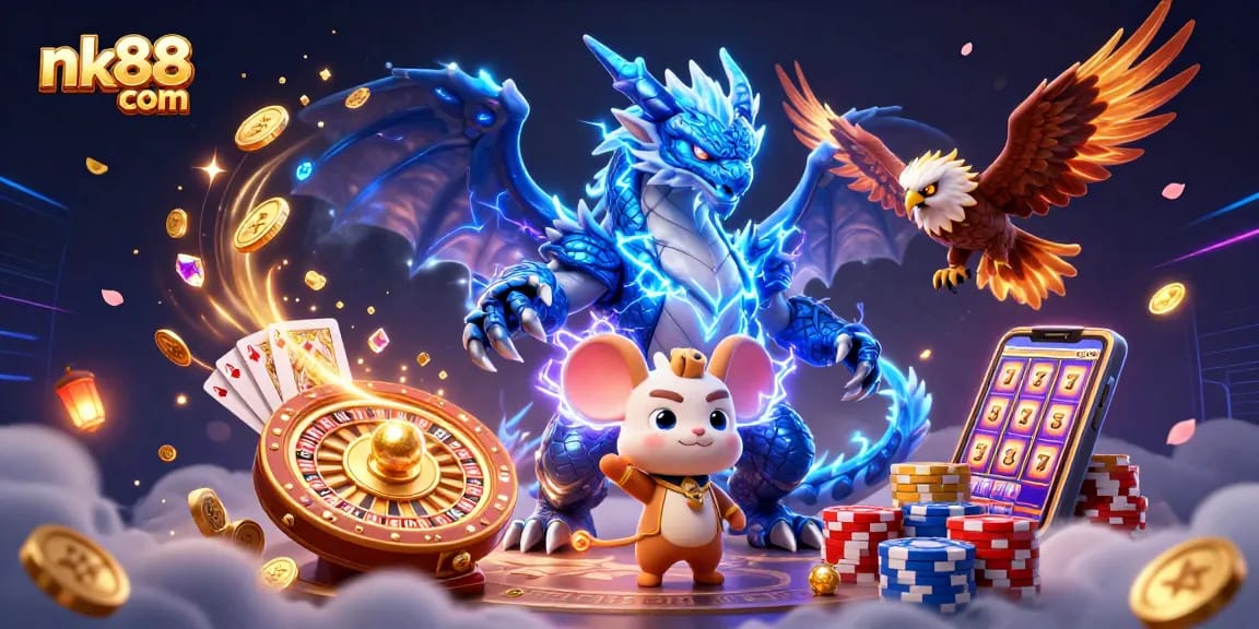 Engage in thrilling gameplay with nk88 com featuring 3D cartoon characters and dynamic casino elements.