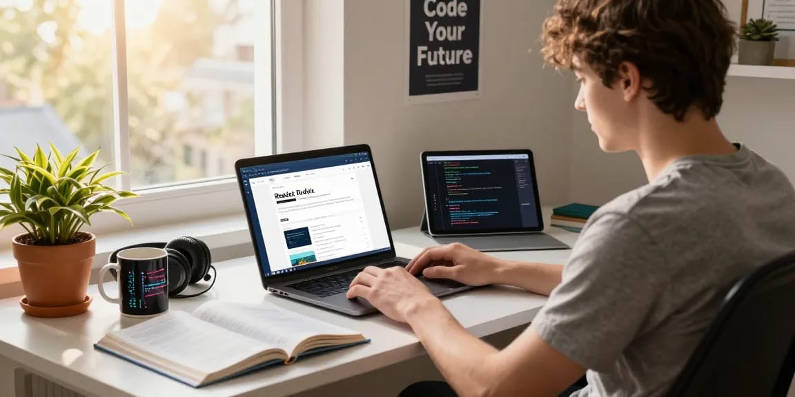 Focused student engaging with a React and Redux course online in a cozy home office.