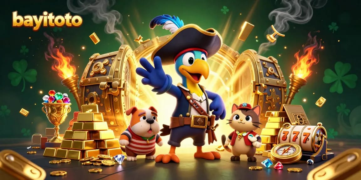 Experience bayitoto's thrilling gaming adventure with pirates, treasures, and slots in a vibrant 3D scene.