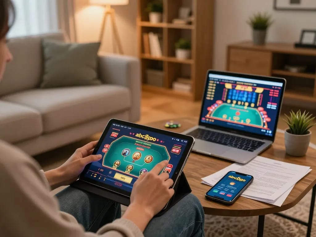 Player enjoying abc8go online casino games on a tablet in a cozy living room