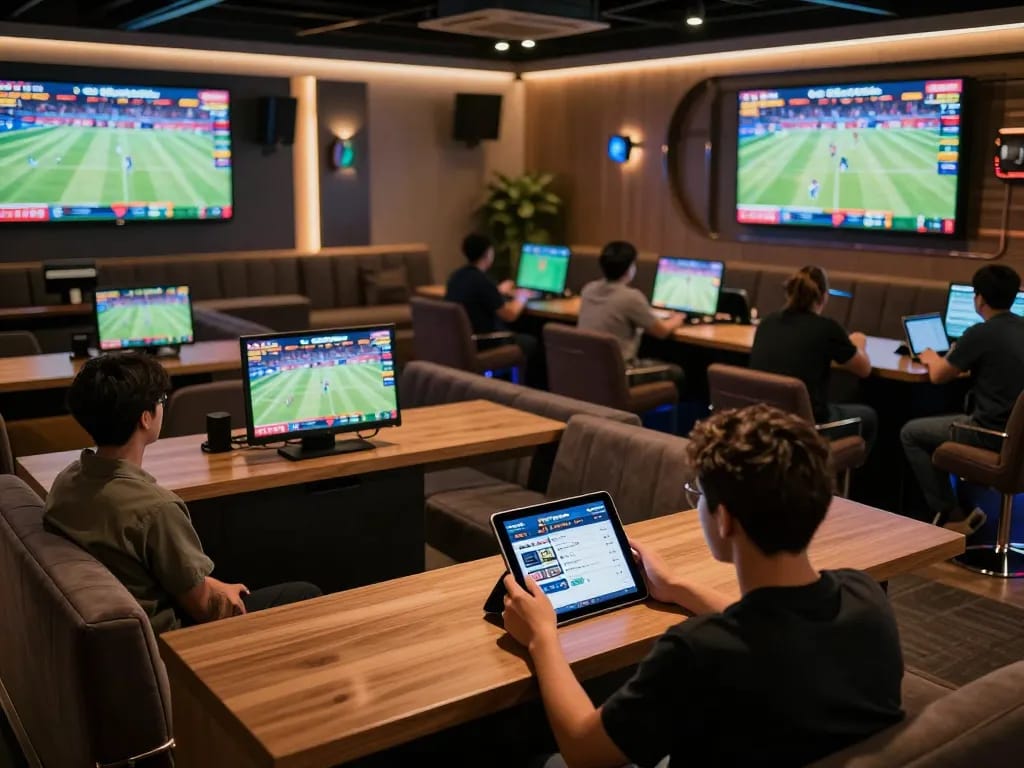 Engaged user exploring betting options on nhà cái 8xbet app while enjoying live sports events.