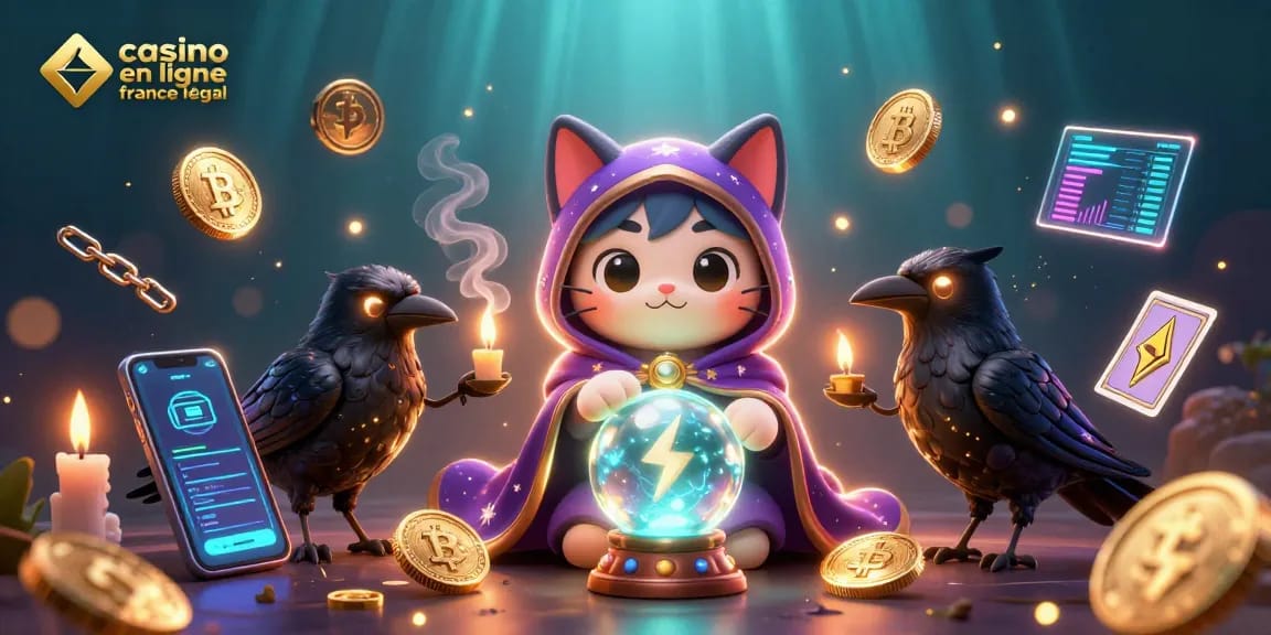 Participez à un casino en ligne France légal avec une illustration 3D vibrante de personnages mystiques et d'éléments crypto.