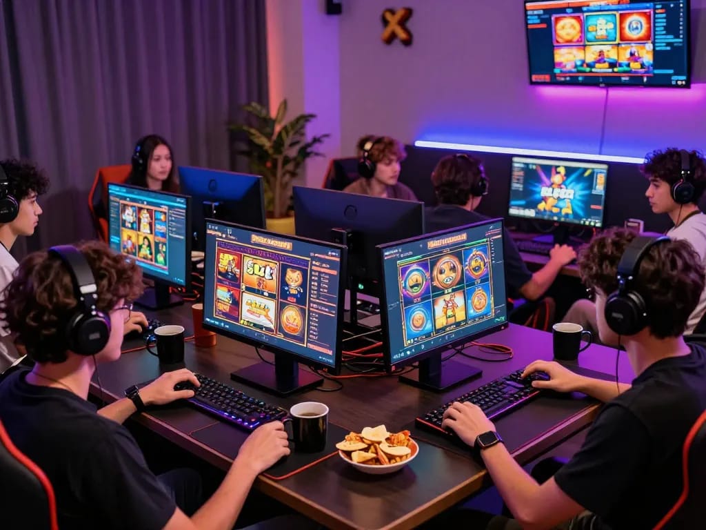 Group enjoying slot gacor games on modern devices in a vibrant gaming environment.