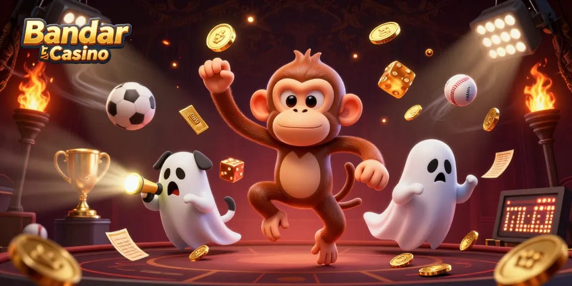 Engage with the vibrant atmosphere of Bandar Live Casino featuring a playful poltergeist monkey and curious ghost-hunter puppy.