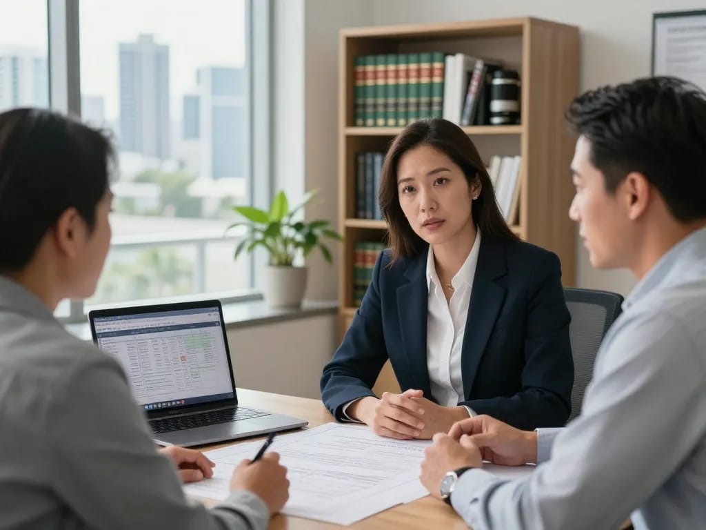Boca Raton Construction Litigation Lawyer consulting with contractor over blueprints and legal documents in a modern office.