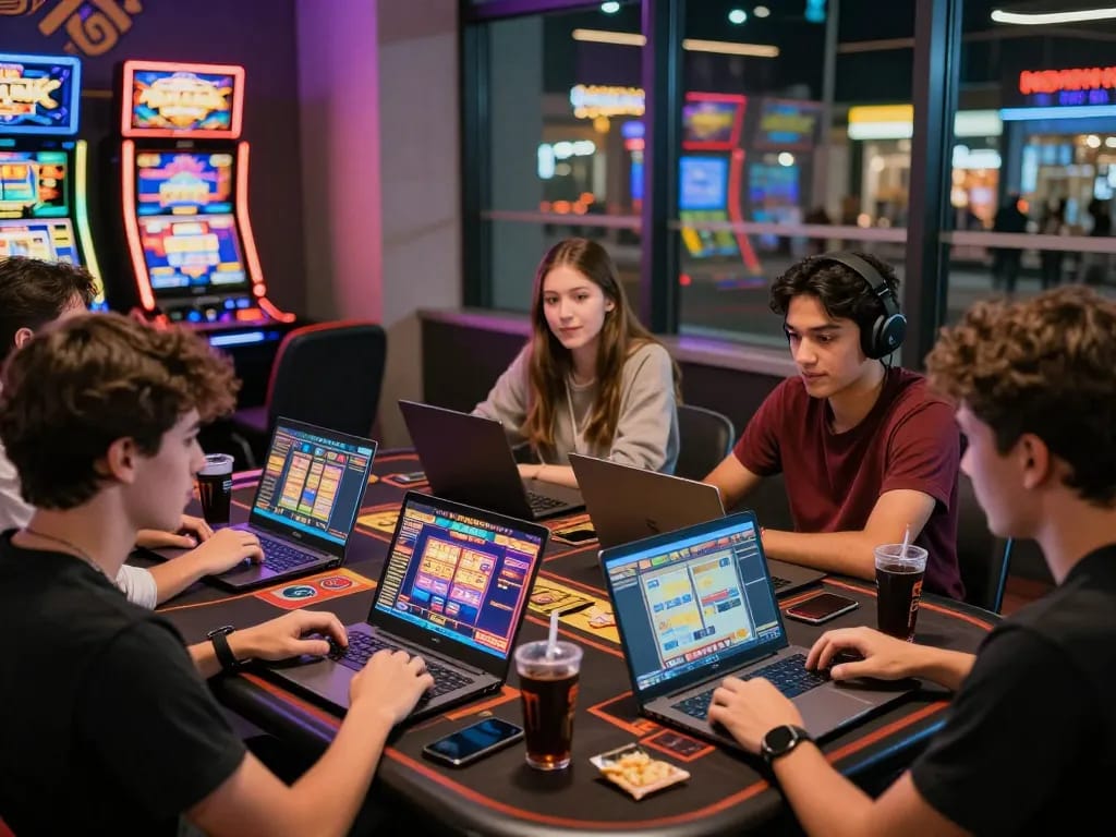 Engaged group of friends playing slot via qris at a modern urban gaming venue, showcasing excitement in online gambling.
